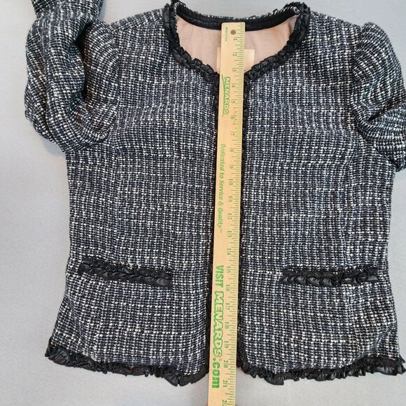 Rebecca Taylor Tweed Ruffle Ribbon Hem Open Front Blazer Jacket Black White sz L - Picture 3 of 11